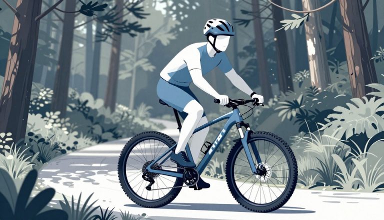Un cycliste sur un VTT de 29 pouces traverse un sentier bordé de pins.