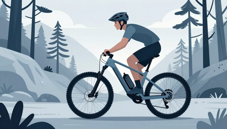 Un cycliste grimpe un sentier forestier rocheux avec un VTT électrique.