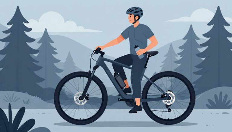 Un cycliste souriant se tient près d’un VTT électrique noir sur un sentier forestier.