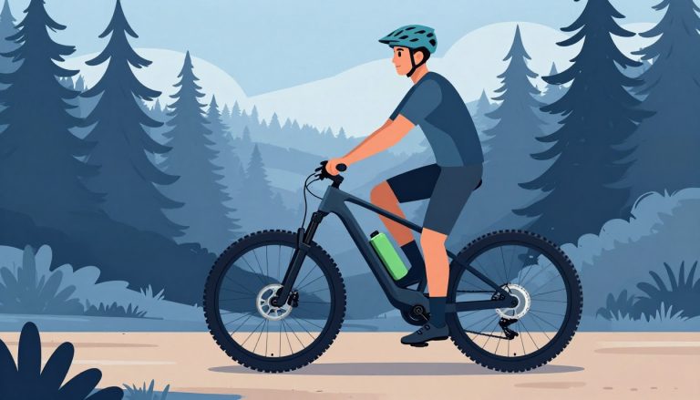 Un homme casqué se tient près d’un VTT électrique sur un sentier forestier.
