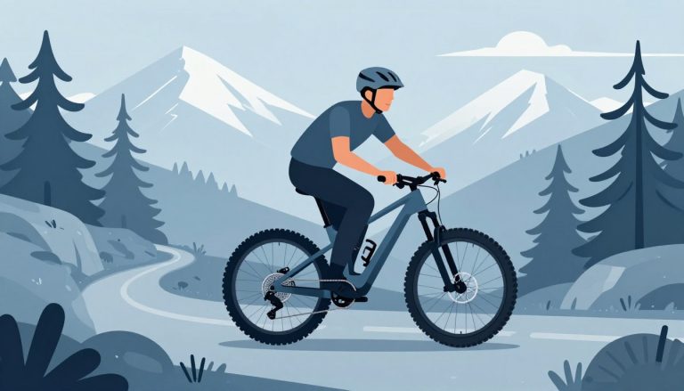 Un cycliste sur un VTT électrique suit un sentier alpin entre pins, rochers et sommets enneigés.