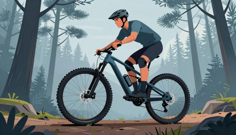 Un cycliste sur un VTT électrique franchit une racine sur un sentier forestier.