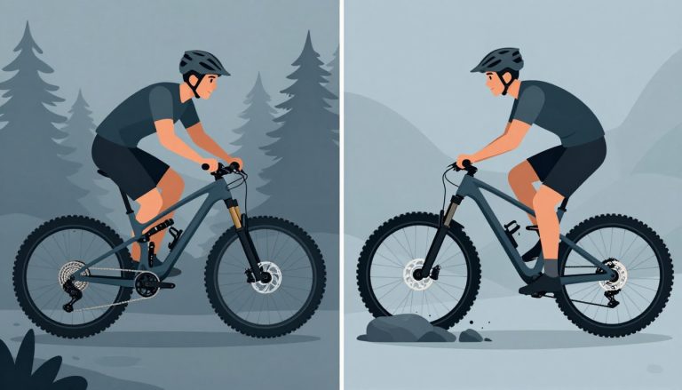 Un cycliste compare un VTT semi-rigide et un tout-suspendu sur deux terrains.