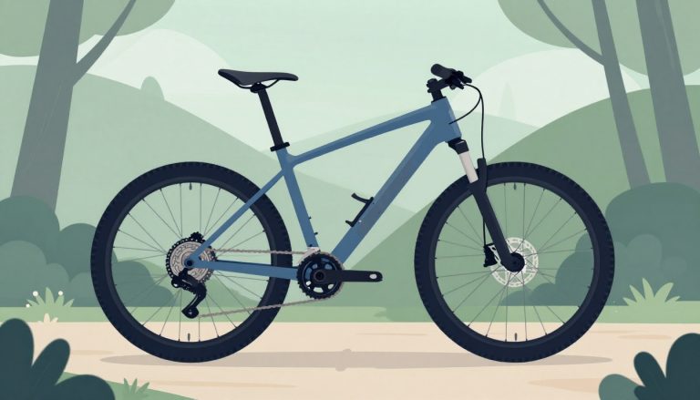 Un VTT bleu ardoise posé sur un sentier forestier éclairé par endroits.