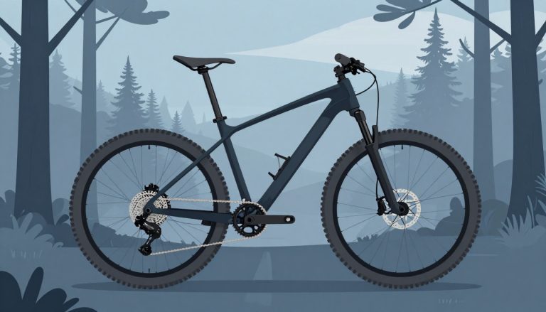 Un VTT noir posé sur un sentier bordé de pins.