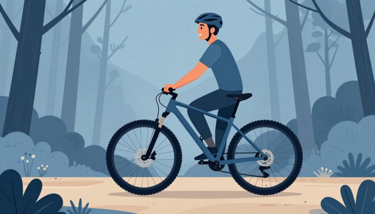 Un débutant souriant se tient à côté d’un VTT sur un sentier bordé de pins.