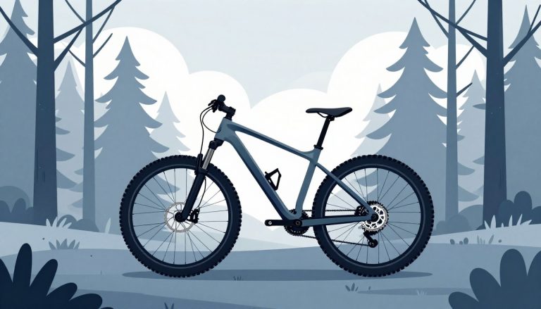 Un VTT gris et bleu posé sur un sentier forestier en pente douce.