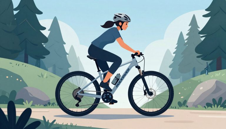 Une cycliste casquée sur un VTT Rockrider argenté, au milieu d’un sentier forestier.