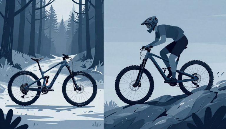 Deux VTT Scott illustrent une balade en forêt et une descente rocheuse.