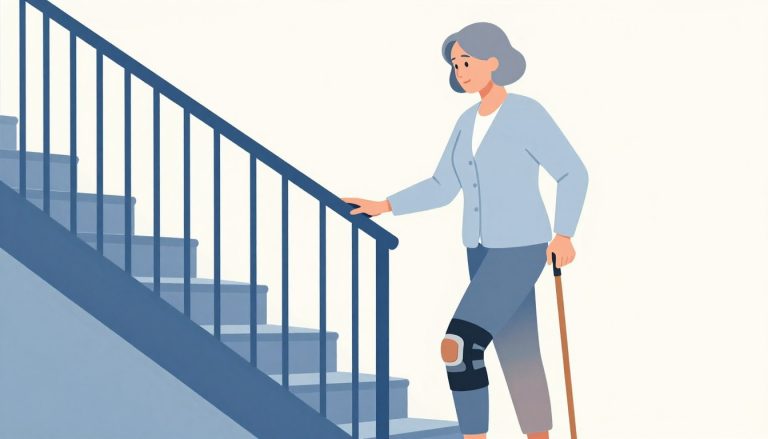 Femme avec canne et genouillère utilisant une rampe dans un escalier.