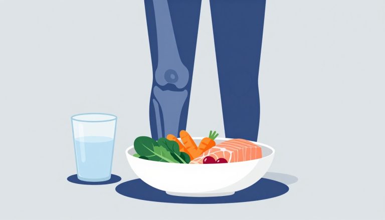 Un genou stylisé près d’un bol de légumes, de saumon et d’un verre d’eau.
