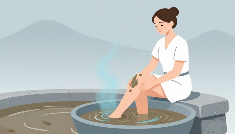 Femme assise dans un spa, genou droit plongé dans de la boue thermale.