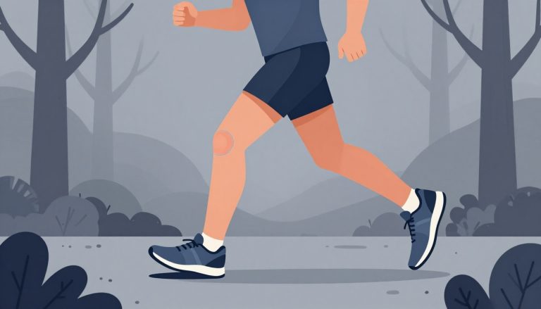 Un coureur pose le pied sur un sentier, avec le genou gauche légèrement souligné.