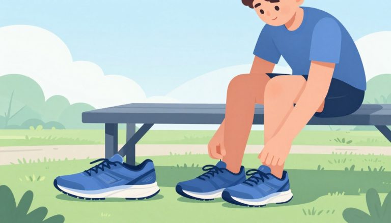 Un débutant assis sur un banc attache ses chaussures de course bleues.