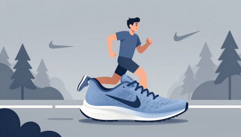 Un coureur porte une chaussure Nike bleue entre route et sentier forestier.