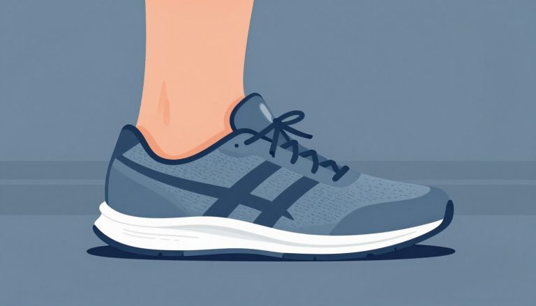 Un pied droit chaussé d’une chaussure de running bleue, légèrement relevé pour montrer la voûte plantaire.