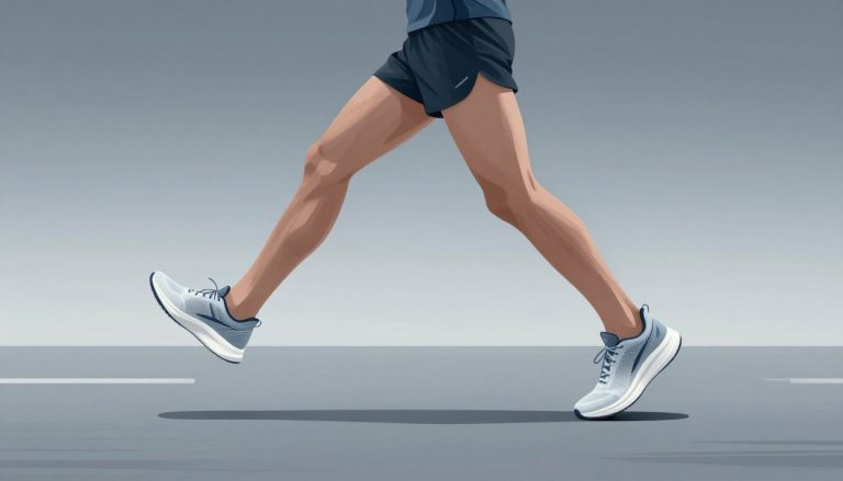 Un coureur mince en foulée, avec une chaussure bleue sur une route grise.