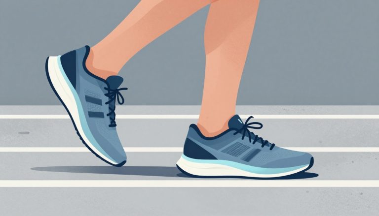 Un coureur montre une chaussure amortie, avec le talon mis en évidence en bleu.