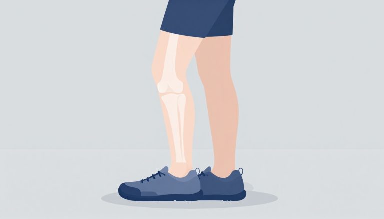 Femme portant une chaussure de marche, avec une illustration translucide de son genou gauche.
