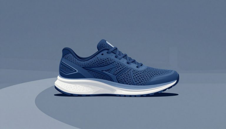 Chaussure de running avec maille respirante sur un fond bleu ardoise.