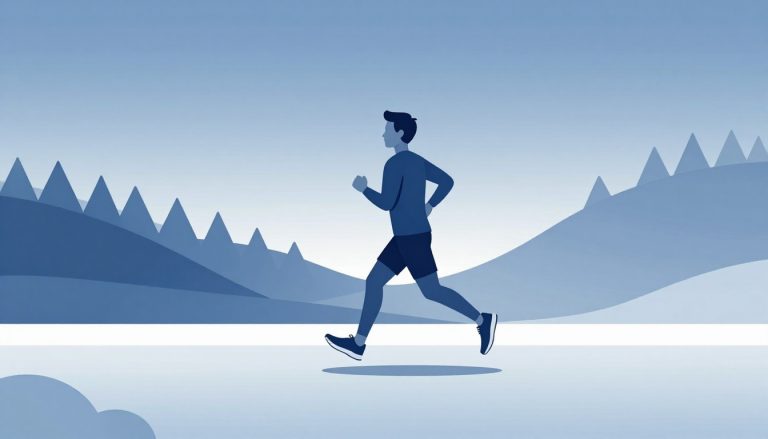 Une coureuse en mouvement porte des chaussures de sport bleues sur un chemin partagé entre route et forêt.