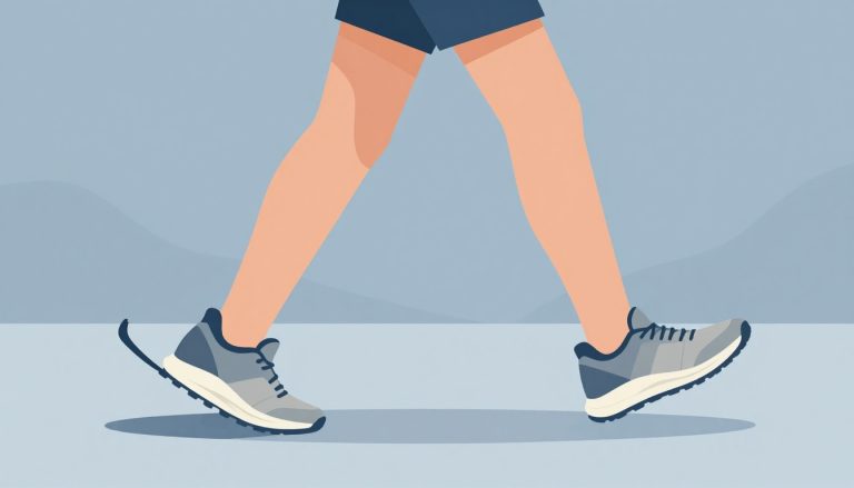 Jambe d’un coureur en foulée, chaussure technique et genou externe mis en évidence.