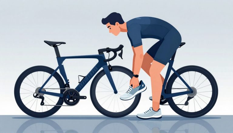 Un triathlète enfile une chaussure de course près d’un vélo de route.