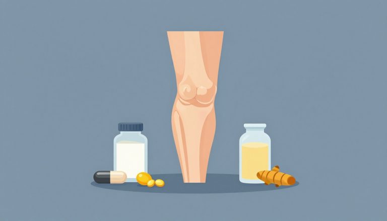 Articulation du genou entourée de compléments alimentaires colorés.
