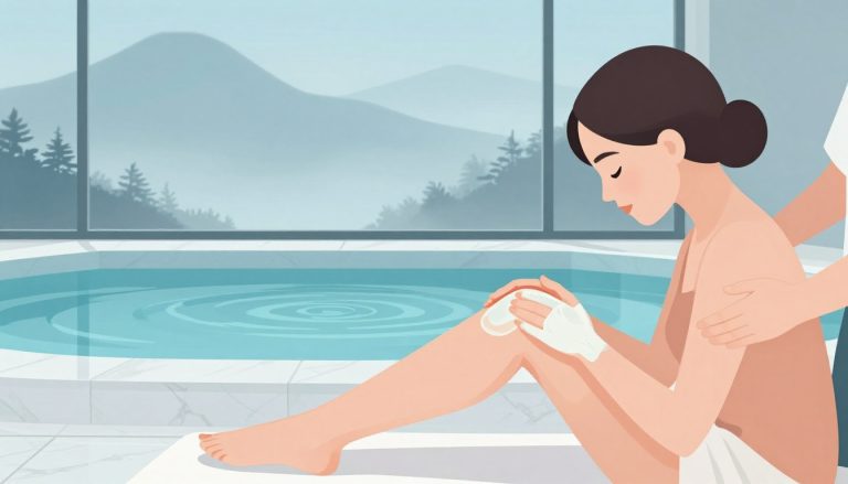 Un genou reçoit un cataplasme dans un spa thermal face aux montagnes.