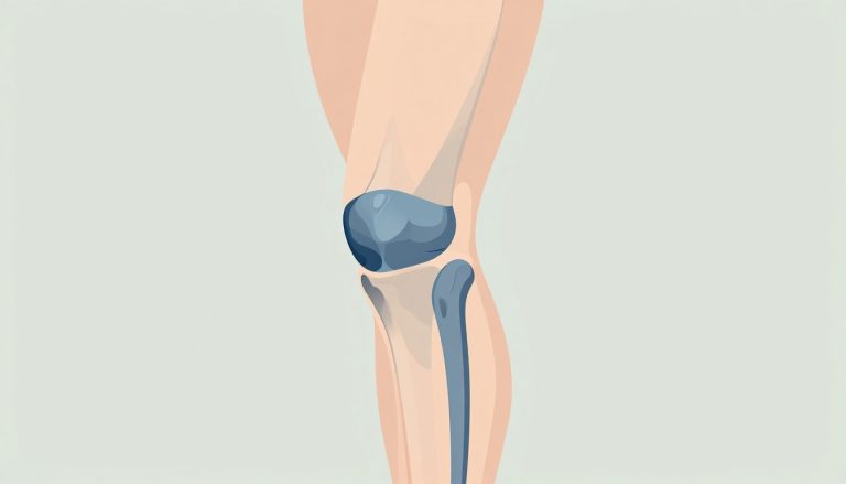 Vue latérale d’un genou avec le tendon rotulien coloré en bleu.