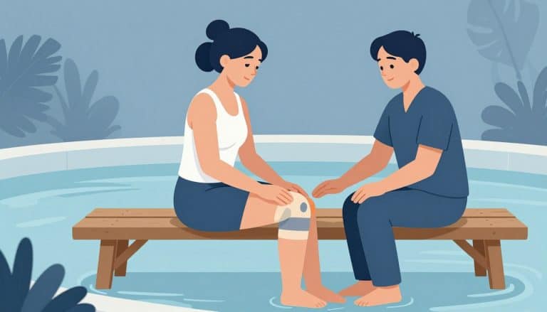 Une femme assise reçoit une compresse chaude sur le genou dans un bassin thermal.