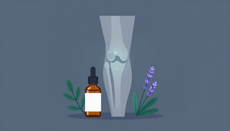 Un flacon d’huile essentielle devant un genou, avec des feuilles de gaulthérie et des fleurs de lavande.