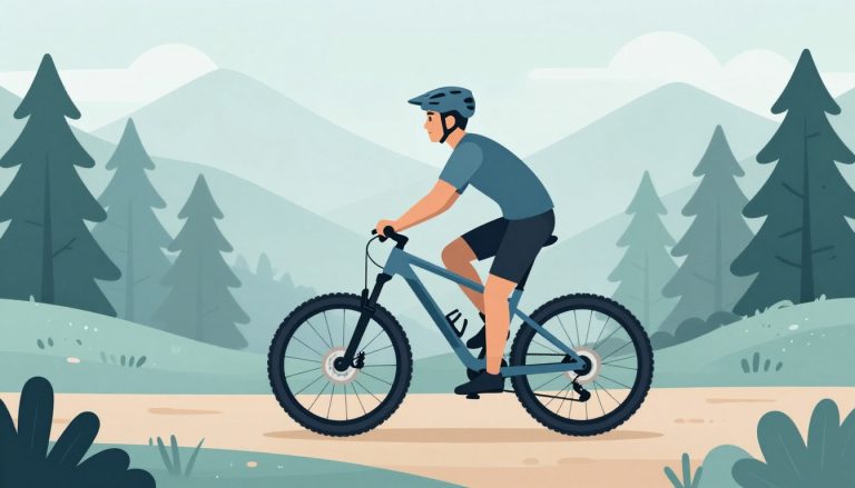 Un homme casqué regarde un sentier forestier près de son vélo tout-terrain bleu.