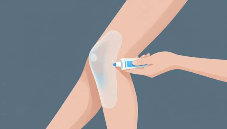 Un genou plié avec un tube de gel et une main qui applique le produit.