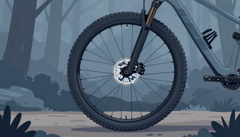 Roue avant d’un VTT avec un manomètre numérique sur un sentier forestier.