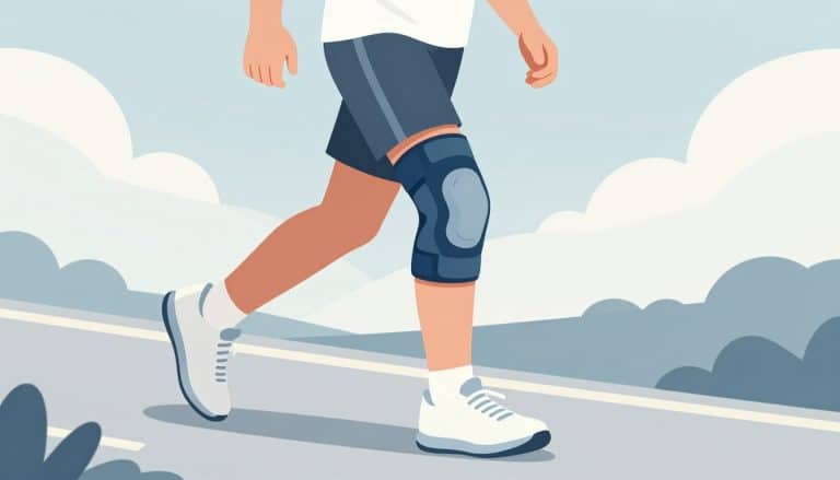 Jeune coureur portant une genouillère bleue sur une piste d’athlétisme.