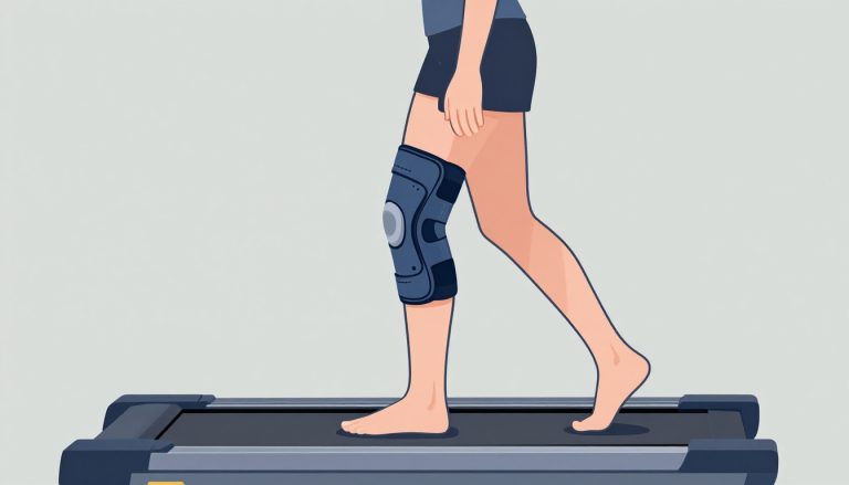 Une sportive de profil porte une genouillère bleue sous le genou sur un tapis roulant.