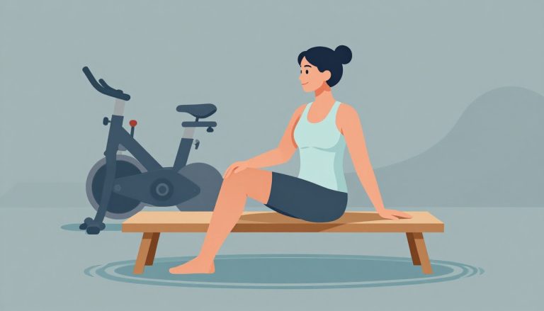 Une femme assise étend doucement un genou, avec un vélo et une piscine stylisée.