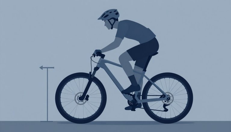Un vélo de montagne gris avec une ligne de mesure entre la selle et le guidon.