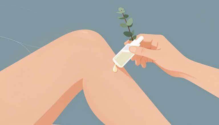 Une main masse un genou fléchi avec un flacon et des feuilles d’eucalyptus.