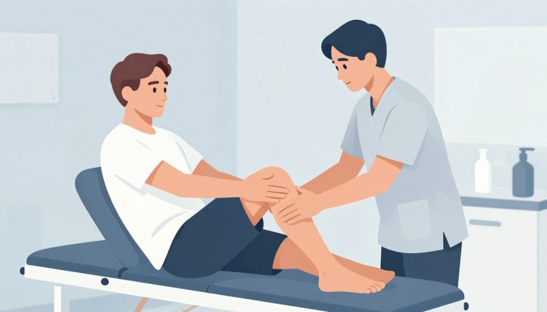 Une kinésithérapeute aide un patient à plier le genou.