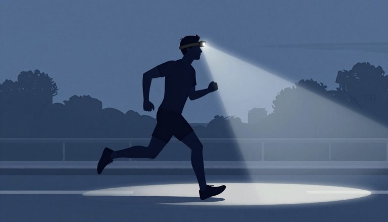 Un coureur portant une lampe frontale éclaire une rue pavée au crépuscule.