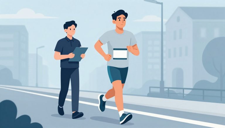 Un coureur et un officiel se tiennent au départ d’une course en ville.