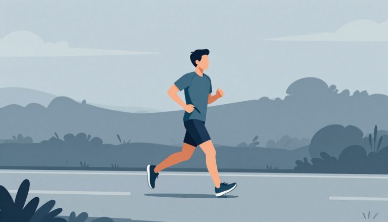 Un coureur en foulée sur un chemin pavé, avec des arbres flous à l’arrière-plan.