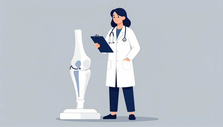 Une médecin montre un modèle anatomique du genou, avec un presse-papiers à la main.
