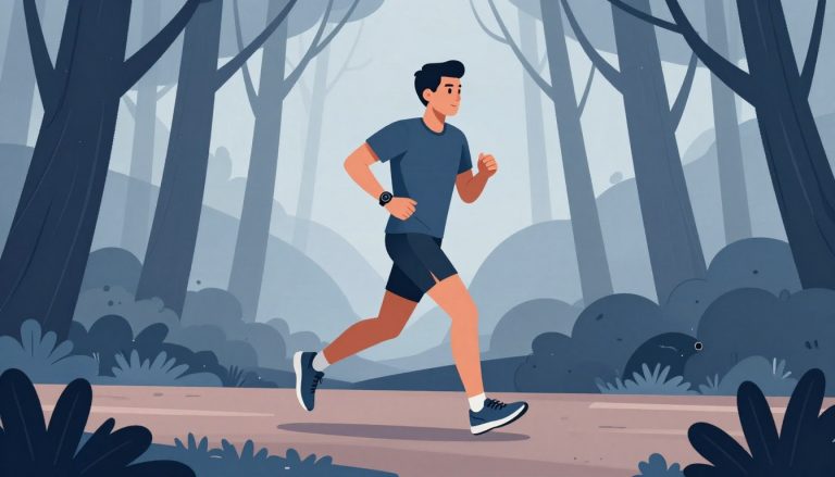 Un coureur porte une montre lumineuse sur un sentier forestier au lever du jour.