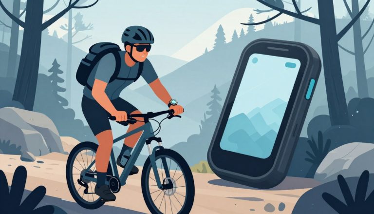 Un vététiste consulte une montre GPS sur un sentier rocheux bordé de pins.