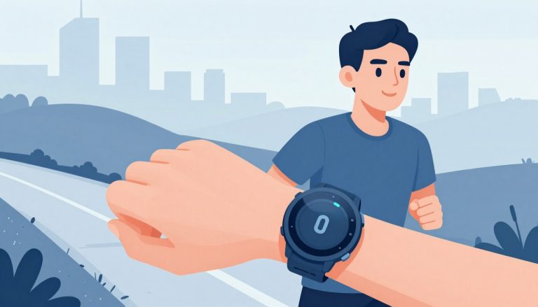 Un coureur porte une montre GPS bleutée au lever du soleil.