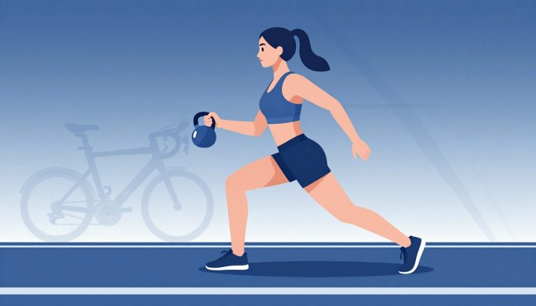 Une triathlète fait un soulevé de terre sur une jambe avec un kettlebell bleu.