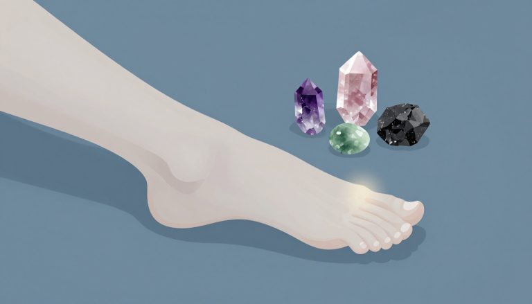 Genou transparent entouré d’améthyste, quartz rose, tourmaline noire et jade.